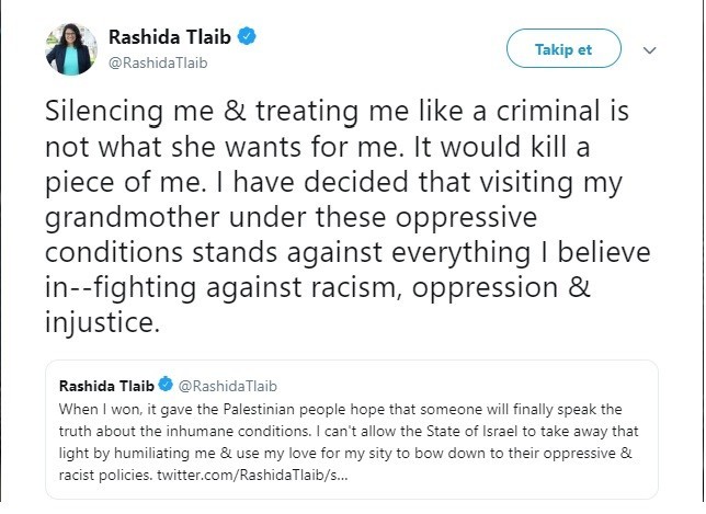 Kongre üyesi Rashida Tlaib’den İsrail kararı