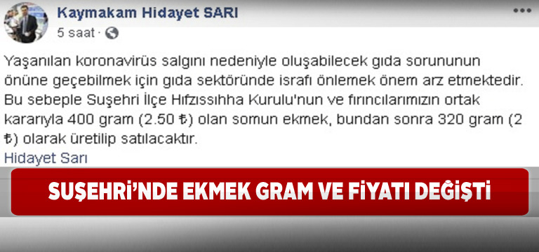 Suşehri’nde ekmeğin gram ve fiyatına yeni ayar