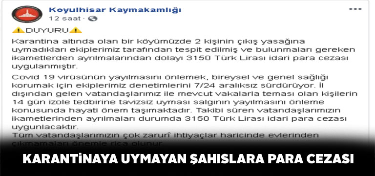 Karantinaya uymayan 2 vatandaşa para cezası verildi