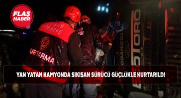 Virajı alamayan kamyon yola devrildi