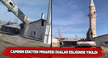 Hasbey köyünün eskiyen cami minaresi kontrollü şekilde yıkıldı