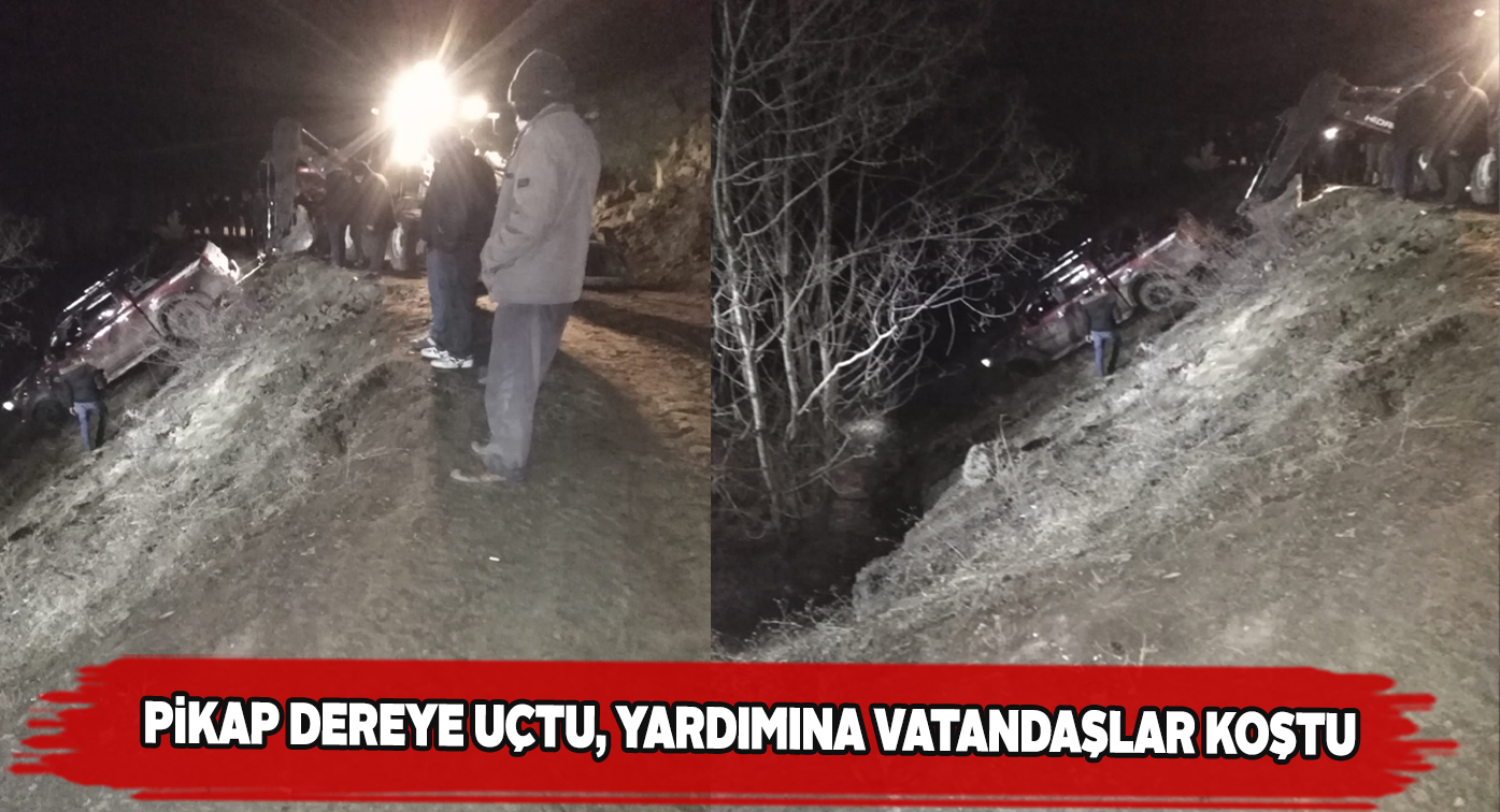 Koyulhisar’da dereye uçan pikapa vatandaşlar yardım etti