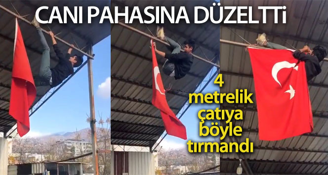 Üniversite öğrencisi ipi kopan Türk bayrağını canı pahasına düzeltti