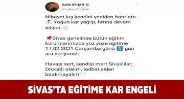Yoğun kar yağışından dolayı Sivas’ta okullar 1 gün tatil