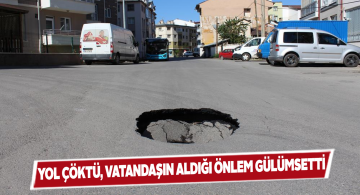 Çöken yola önlem olsun diye metal raf bıraktı