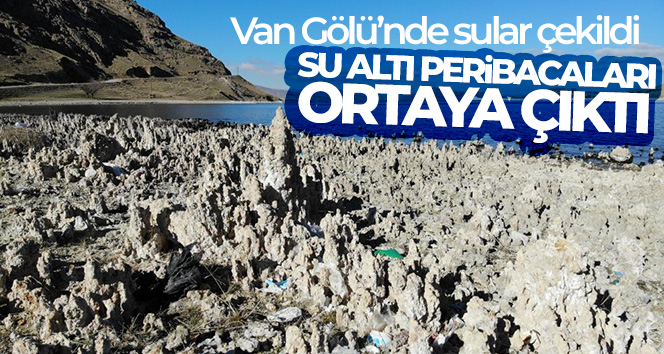 Van Gölü’nde sular çekildi, su altı peribacaları ortaya çıktı
