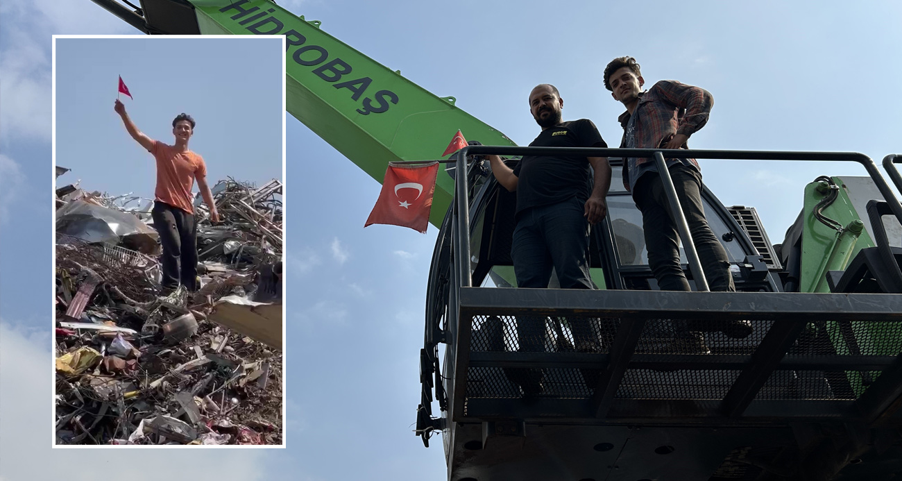 Hurda İçinden Türk Bayrağını Çıkarıp İş Makinesine Astı