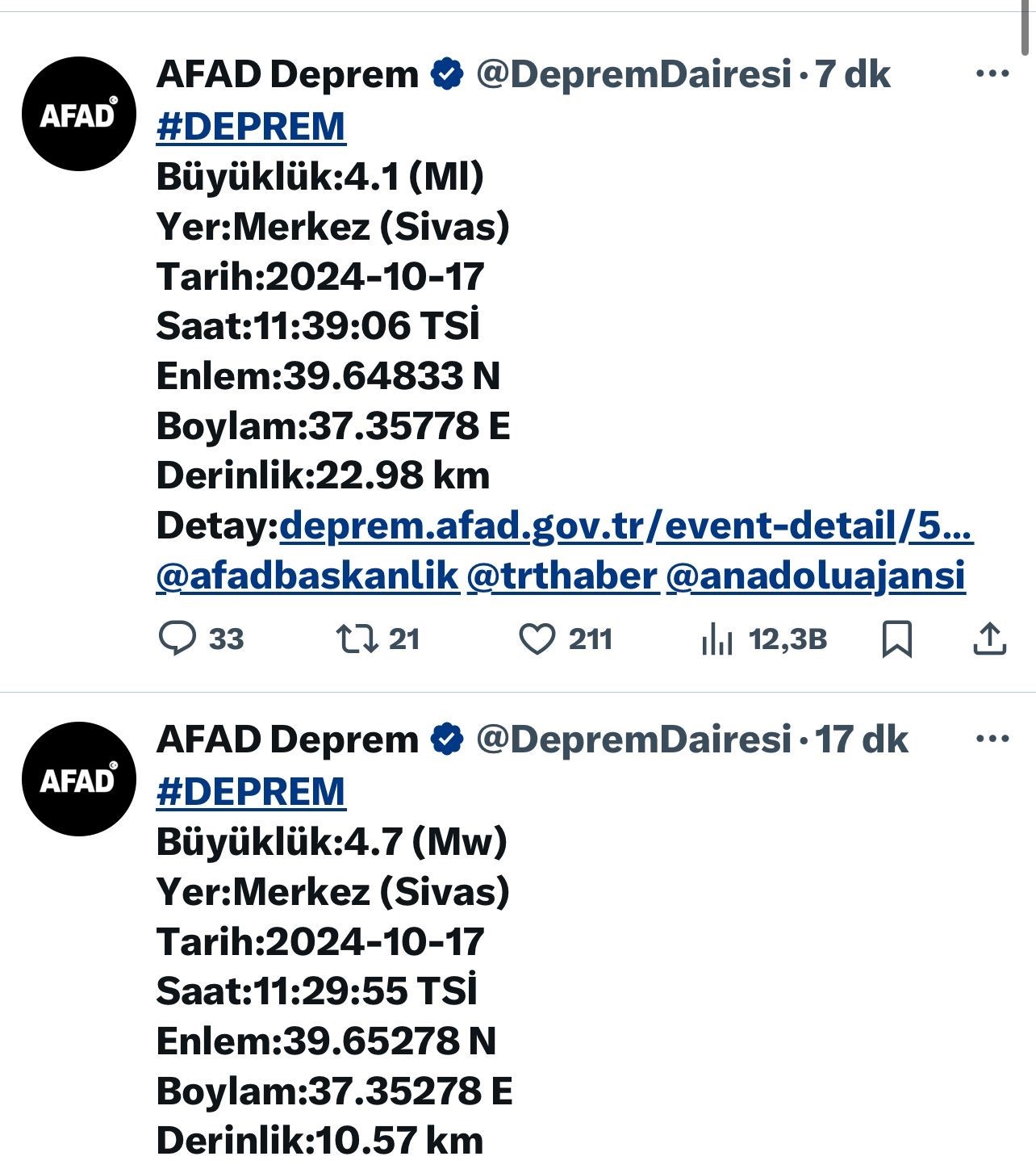 Sivas’ta Kısa Süre İçinde İki Deprem