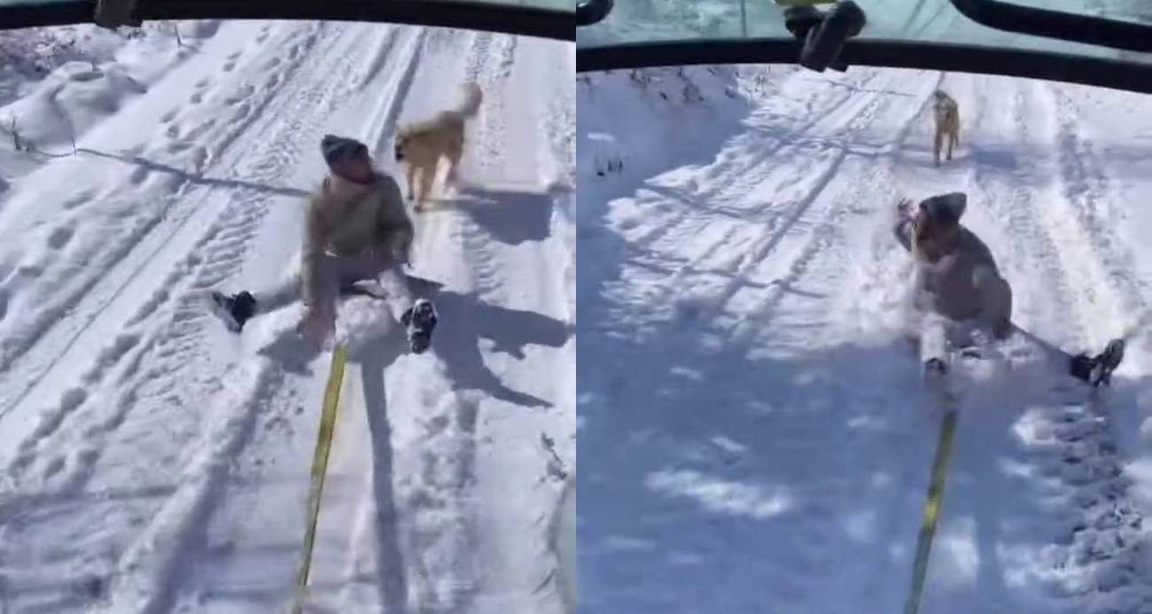 Kar Kayağı Yaparken Köpeğin Kovaladığı Adam Gülümsetti