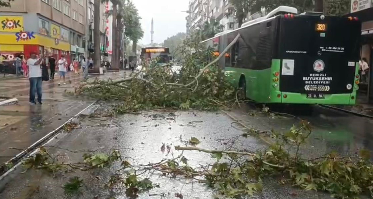 Denizli’de Fırtına Nedeniyle Belediye Otobüsüne Ağaç Devrildi