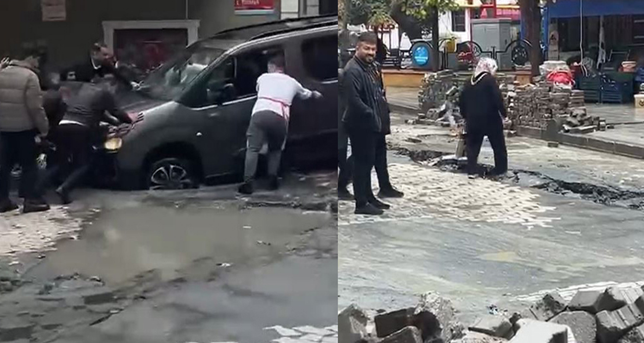 Küçükçekmece’de Yağış Sonucu Yol Çöktü, Araçlar Çukura Düştü