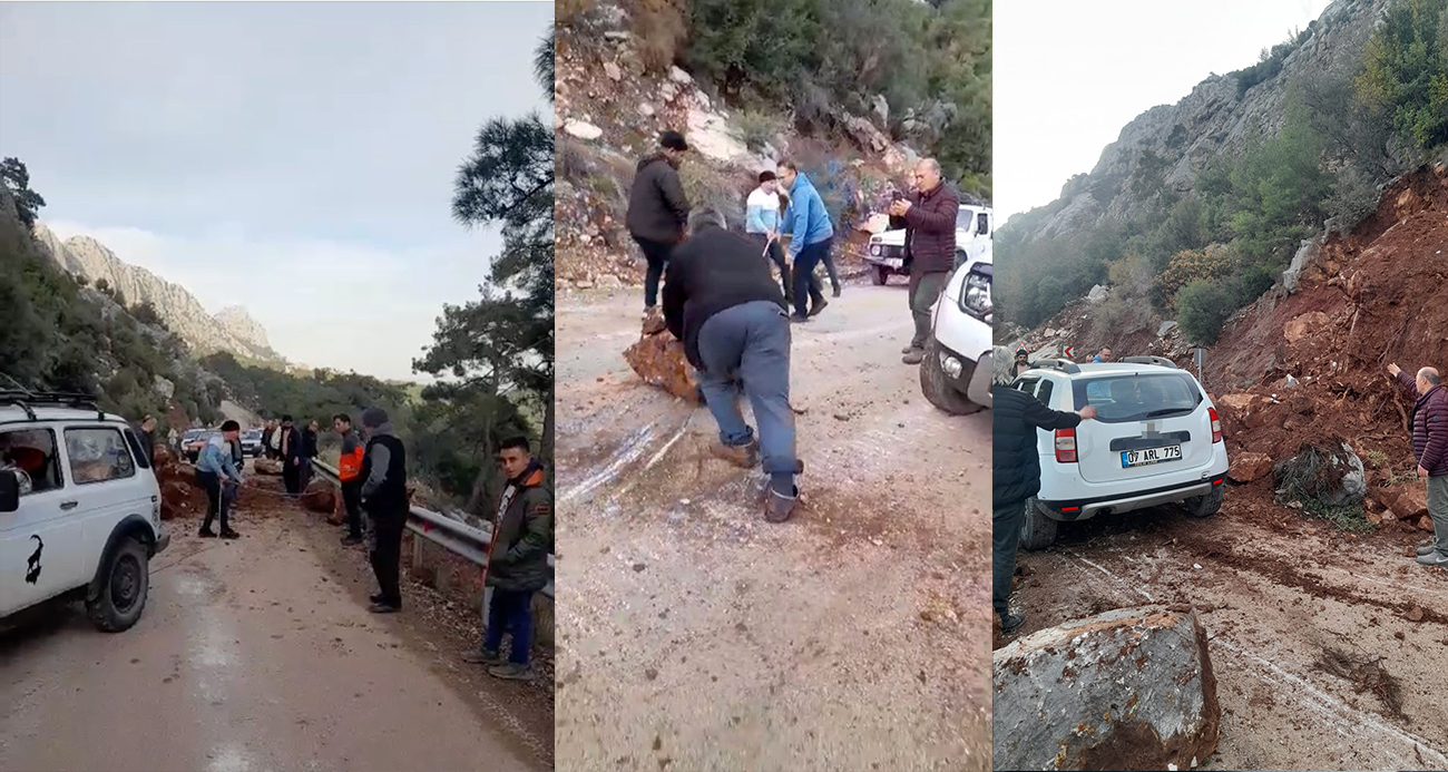 Antalya’da Heyelan Sonrası Yol Açma Çabası: Sürücüler Kayaları Araçla Çekti