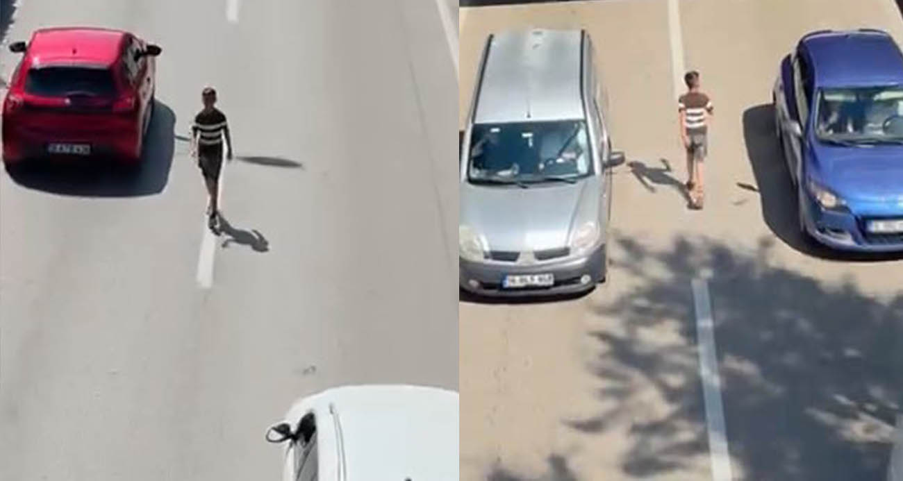 Canını hiçe sayarak akan trafikte böyle yürüdü
