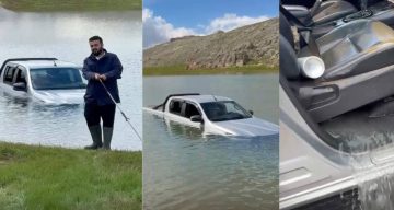 Göletten geçmek isterken aracıyla mahsur kaldı, yardımına arkadaşları yetişti