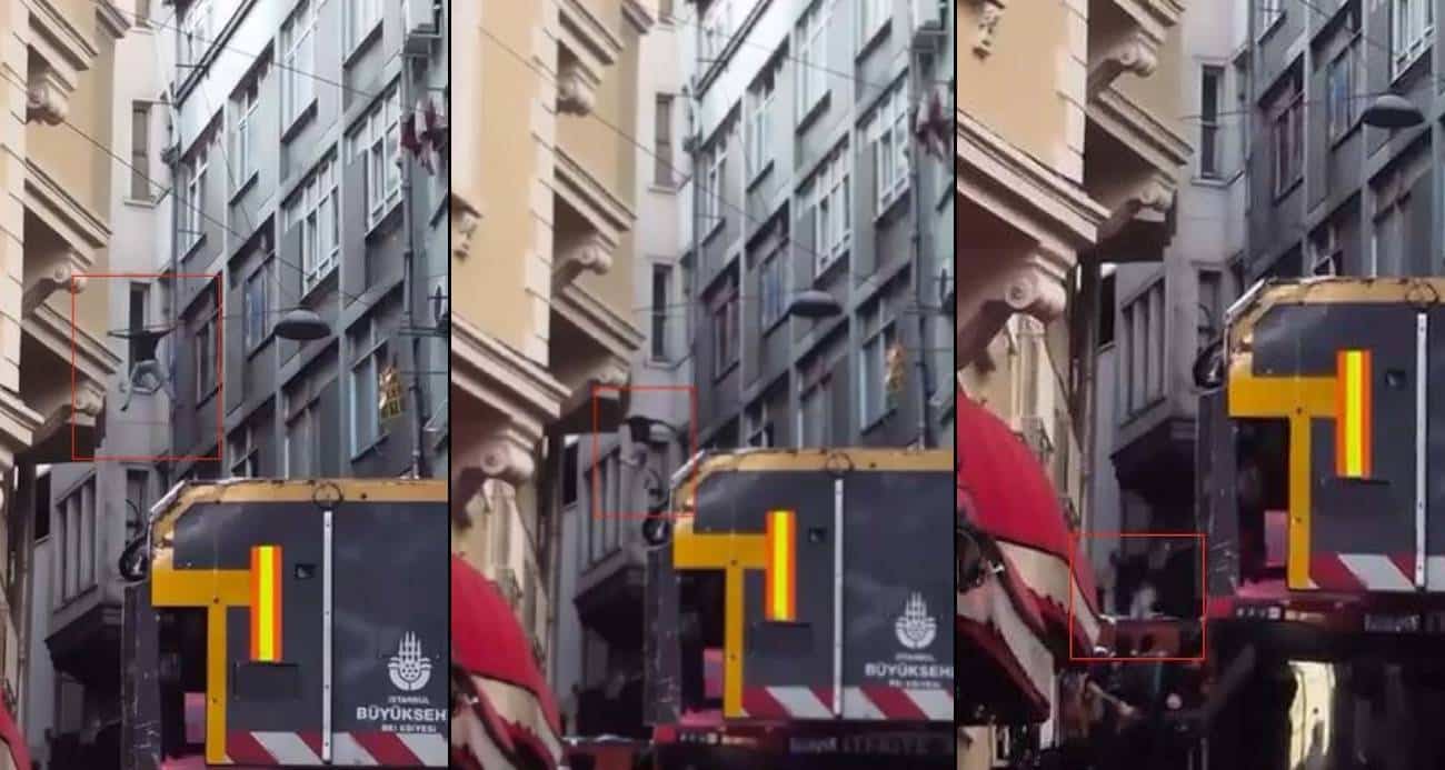 Beyoğlu’nda yürekleri ağza getiren anlar: Elektrik tellerinden açılan hava minderine düştü